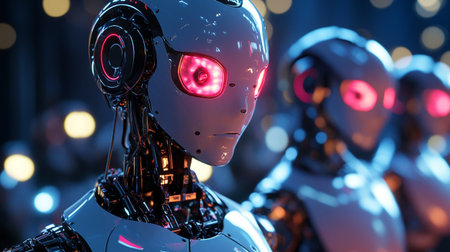 3d rendering humanoid robot with glowing lights on background. Futuristic technology conceptの写真素材