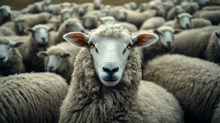 Flock of sheep on a meadow in summer, close-upの写真素材