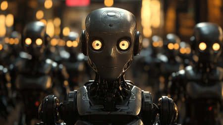 3d rendering humanoid robot with glowing eyes in a dark room.の写真素材