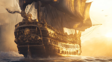 Pirate ship in the sea. 3D render. Fantasy.