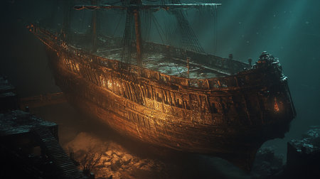 Sunken ship in the sea at night. 3d renderingの写真素材