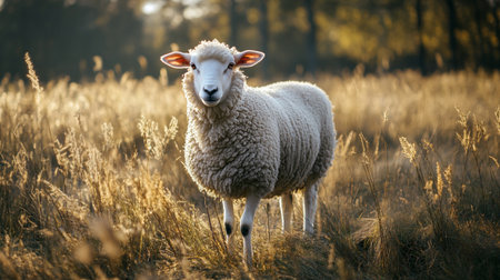 Sheep standing in the meadow at sunset. Beautiful landscape.の写真素材