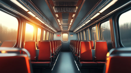 Interior of a train with red seats. 3D rendering.