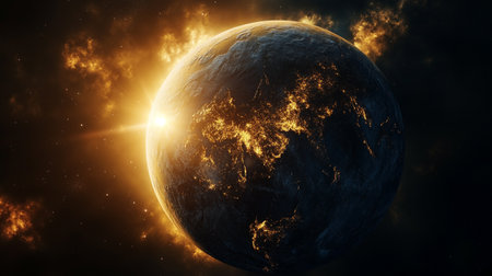 View of the planet Earth from space during a sunrise 3D rendering elements of this image furnished...