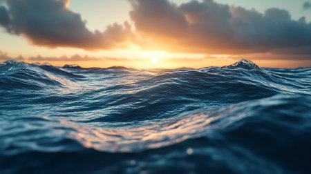 3D render of a beautiful ocean sunset with clouds and waves.