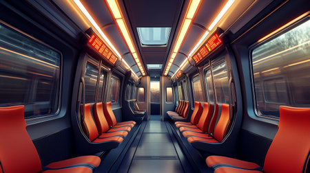 3d render of interior of a modern train with orange seats.の写真素材