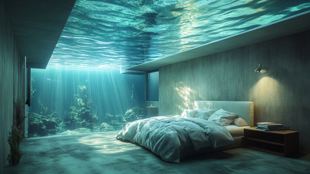 3d render of a modern bedroom with underwater plantsの写真素材