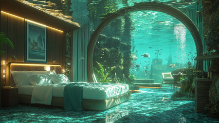 3d render of a luxury hotel bedroom interior with a swimming poolの写真素材