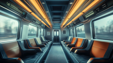 3d rendering of a futuristic corridor inside a train with orange seatsの写真素材