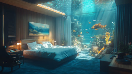 3D rendering of a luxury hotel bedroom with a view of the underwater worldの写真素材
