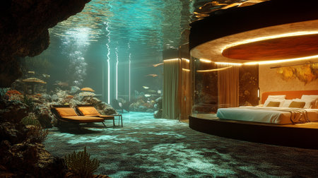 3D CG rendering of underwater cave with a bed and two lounge chairsの写真素材