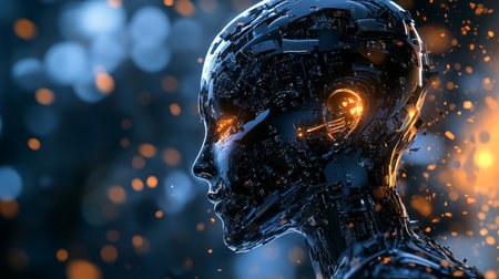 3D rendering of futuristic robot or cyborg with glowing lights backgroundの写真素材