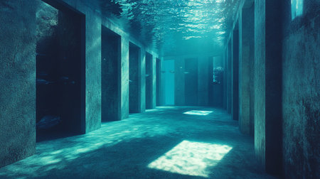 Futuristic dark corridor with light and shadow. 3D renderingの写真素材