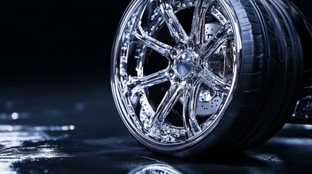 Close-up of the alloy wheel of a car on a black background