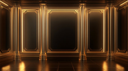3D rendering of the interior of a building with a glowing gold frameの写真素材