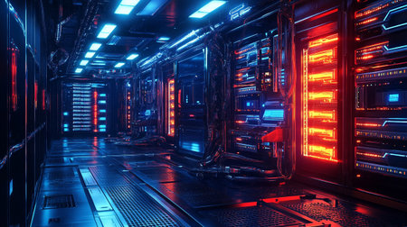 3d render of server room with neon lights. Data center.