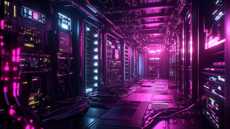 Futuristic dark corridor with glowing neon lights, 3d rendering