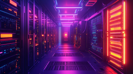 Futuristic server room interior with neon lights. 3D rendering