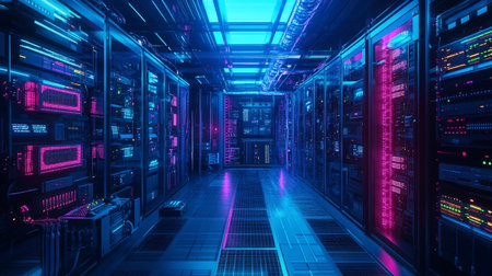 Futuristic server room with neon lights. 3D Rendering