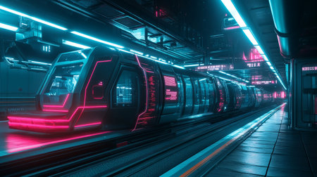 High speed train in a tunnel with neon lights. 3d rendering