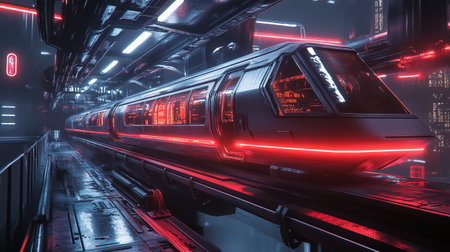 High speed train in the tunnel with neon lights. 3D renderingの写真素材