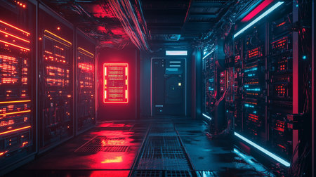 Futuristic server room interior with neon lights. 3D Rendering