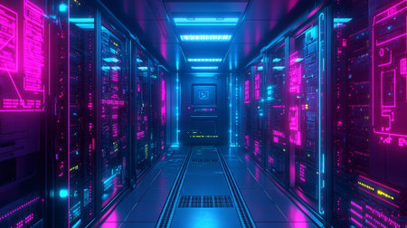 Futuristic server room with bright blue and purple lights 3D rendering