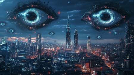 Eye and the city at night, 3D rendering