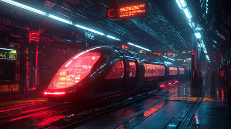 High-speed train in a dark tunnel at night with neon lightsの写真素材