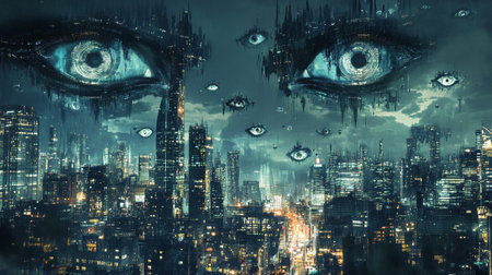Double exposure of two eyes and city at night as symbol of vision