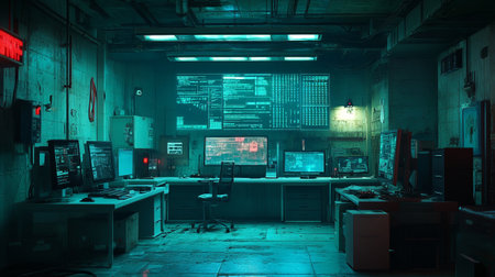 Interior of a computer room in a dark room with neon lightsの写真素材
