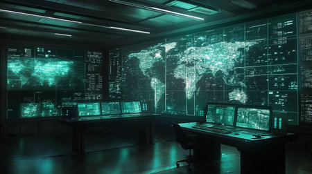 3D rendering of a futuristic server room with computers and world map