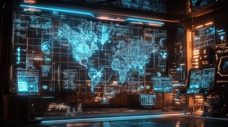 Glowing digital world map on dark background. 3D Renderingの写真素材