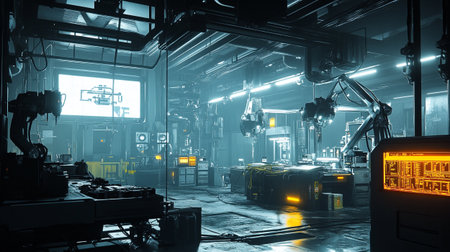 Production line of the automobile factory. Metalworking industry. 3D rendering