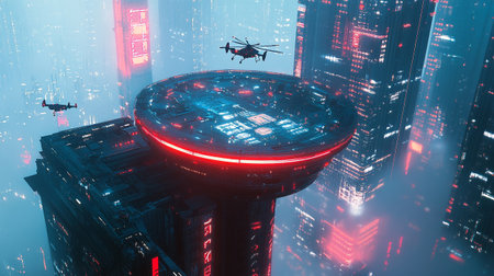 Drone flying over city at night, 3d render illustration.の写真素材