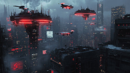 Futuristic UFO flying over the city. 3D Rendering
