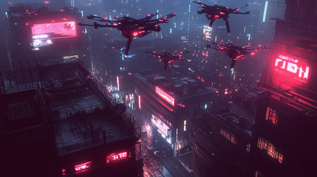 Futuristic cyborgs flying in the night city. 3D renderingの写真素材