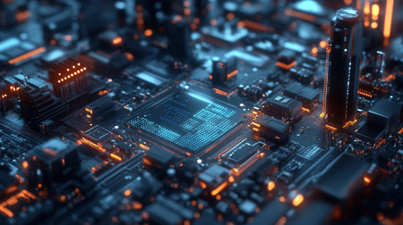 Circuit board. Electronic computer hardware technology. Motherboard digital chip. 3D rendering
