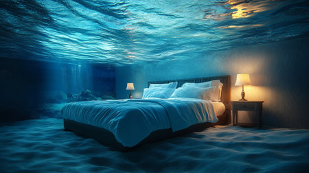 3D rendering of a bedroom in the sea under the water.の写真素材