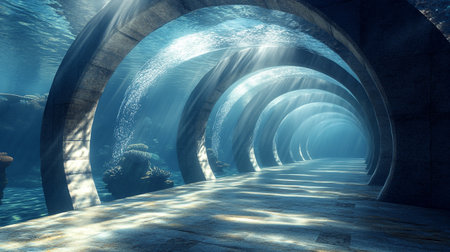Underwater tunnel in the deep blue sea. 3D rendering.の写真素材