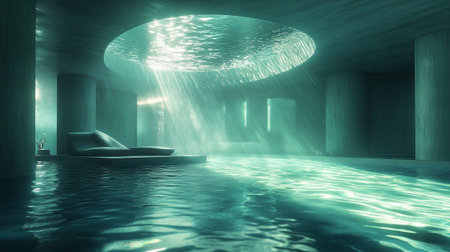 3d rendering of a futuristic swimming pool with light rays coming from the ceilingの写真素材