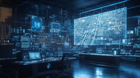 3d rendering of night city with neon lights and digital binary code