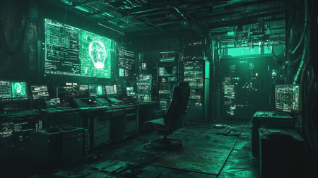 Cyberpunk style interior of a dark room with neon lights. 3d renderingの写真素材