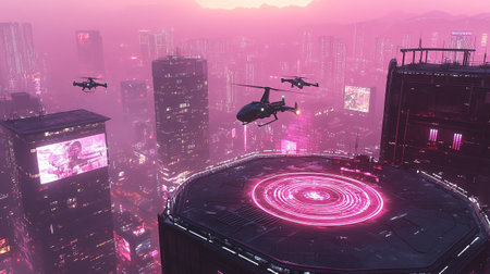 Drone flying over city at night. 3D Rendering.の写真素材