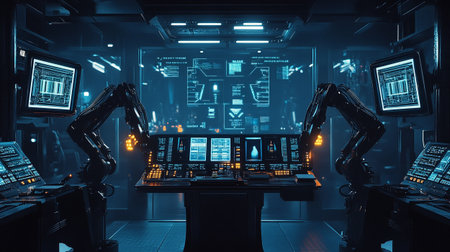 Robotic arms in control room. 3d rendering toned image