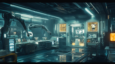 3D rendering of a robot in a futuristic space station. Futuristic technology concept.
