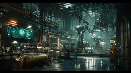 3D rendering of the interior of a futuristic factory with a robot