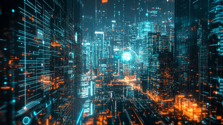 Abstract night city with glowing neon lights. Technology concept. 3D Renderingの写真素材