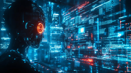 Cyborg man with glowing head and digital code. 3D rendering