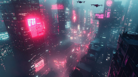 3D rendering of a futuristic city with skyscrapers and neon lightsの写真素材
